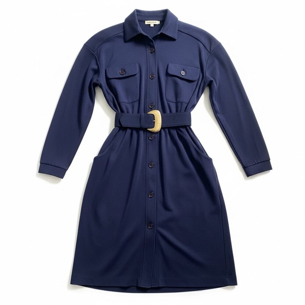 JB Wright LTD Navy Vintage Belted Midi Shirt Dress Size 6 Pockets Statement Work